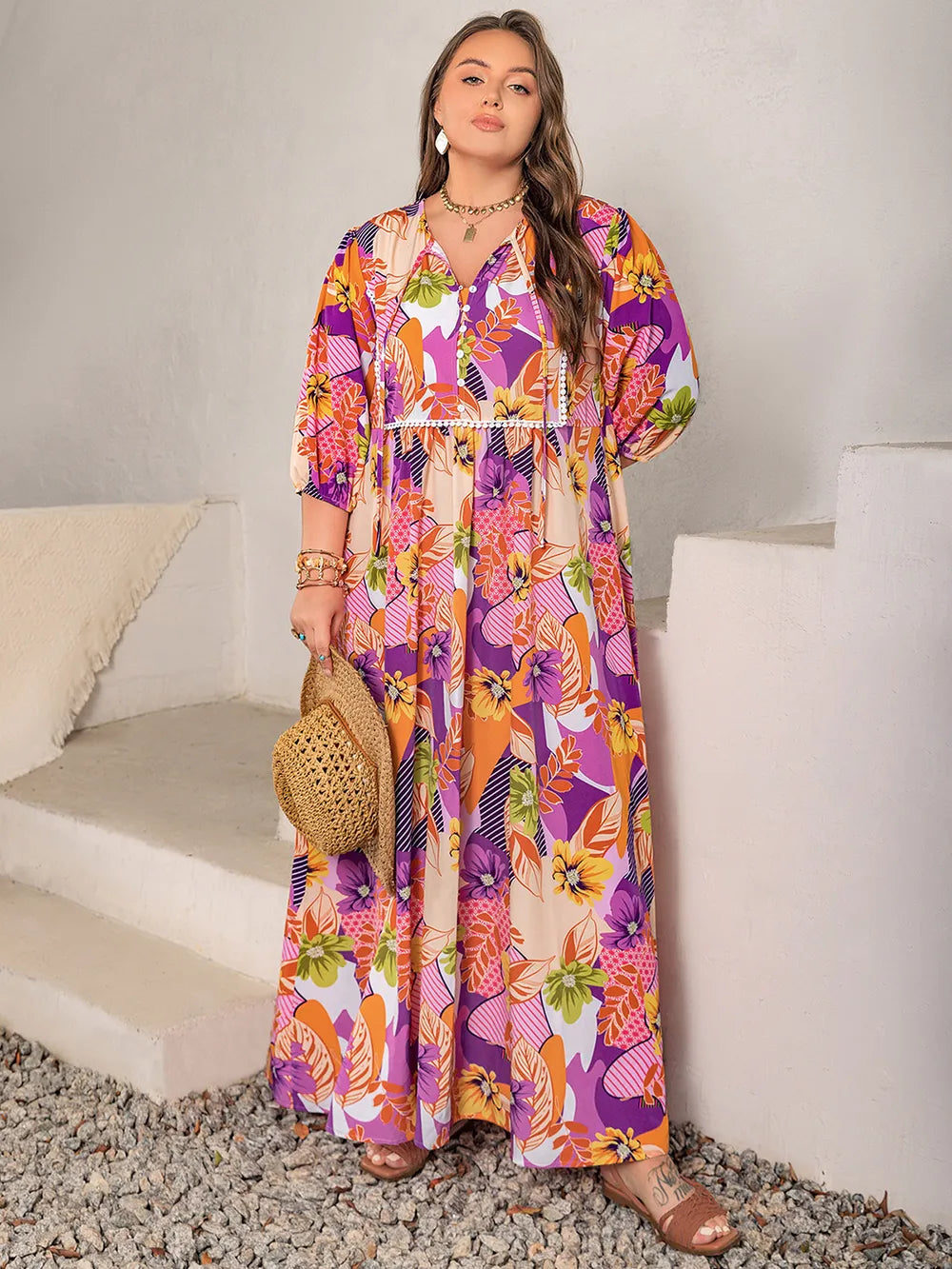 Plus Size Printed Tie Neck Maxi Dress - Premium Dresses from Trendsi - Just $46.99! Shop now at Handbags Specialist Headquarter