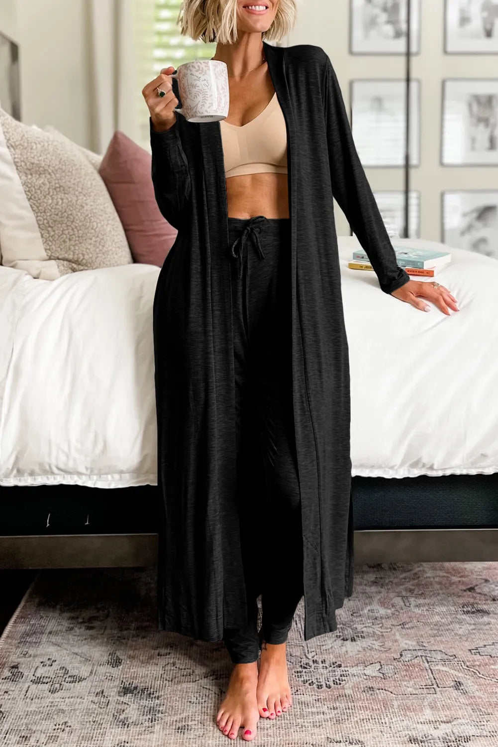 Open Front Long Sleeve Cardigan and Pants Lounge Set - Premium Sleepwear from Trendsi - Just $48.52! Shop now at Handbags Specialist Headquarter