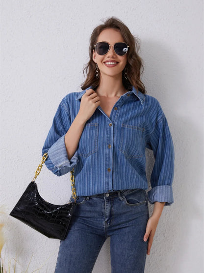 Pocketed Striped Button Up Denim Shirt - Premium Women / Jeans & Denim from Trendsi - Just $47! Shop now at Handbags Specialist Headquarter