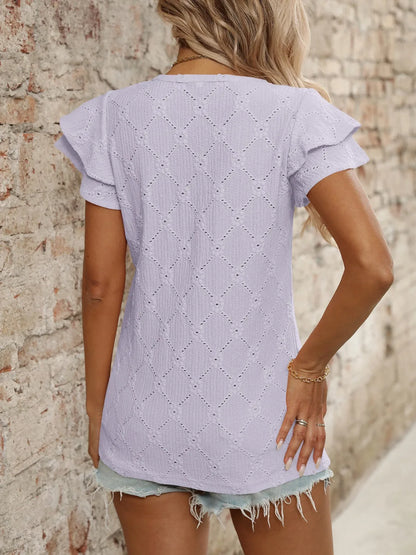 Eyelet V-Neck Ruffled Cap Sleeve Top - Premium Tops from Trendsi - Just $20.68! Shop now at Handbags Specialist Headquarter