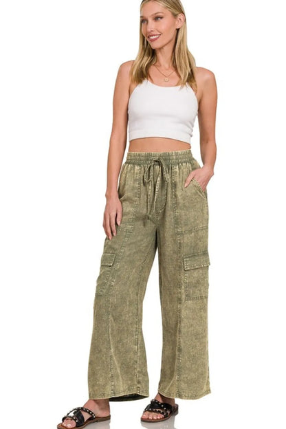 Zenana Washed Linen Elastic Band Waist Cargo Pants - Premium Women Pants from Trendsi - Just $42.99! Shop now at Handbags Specialist Headquarter