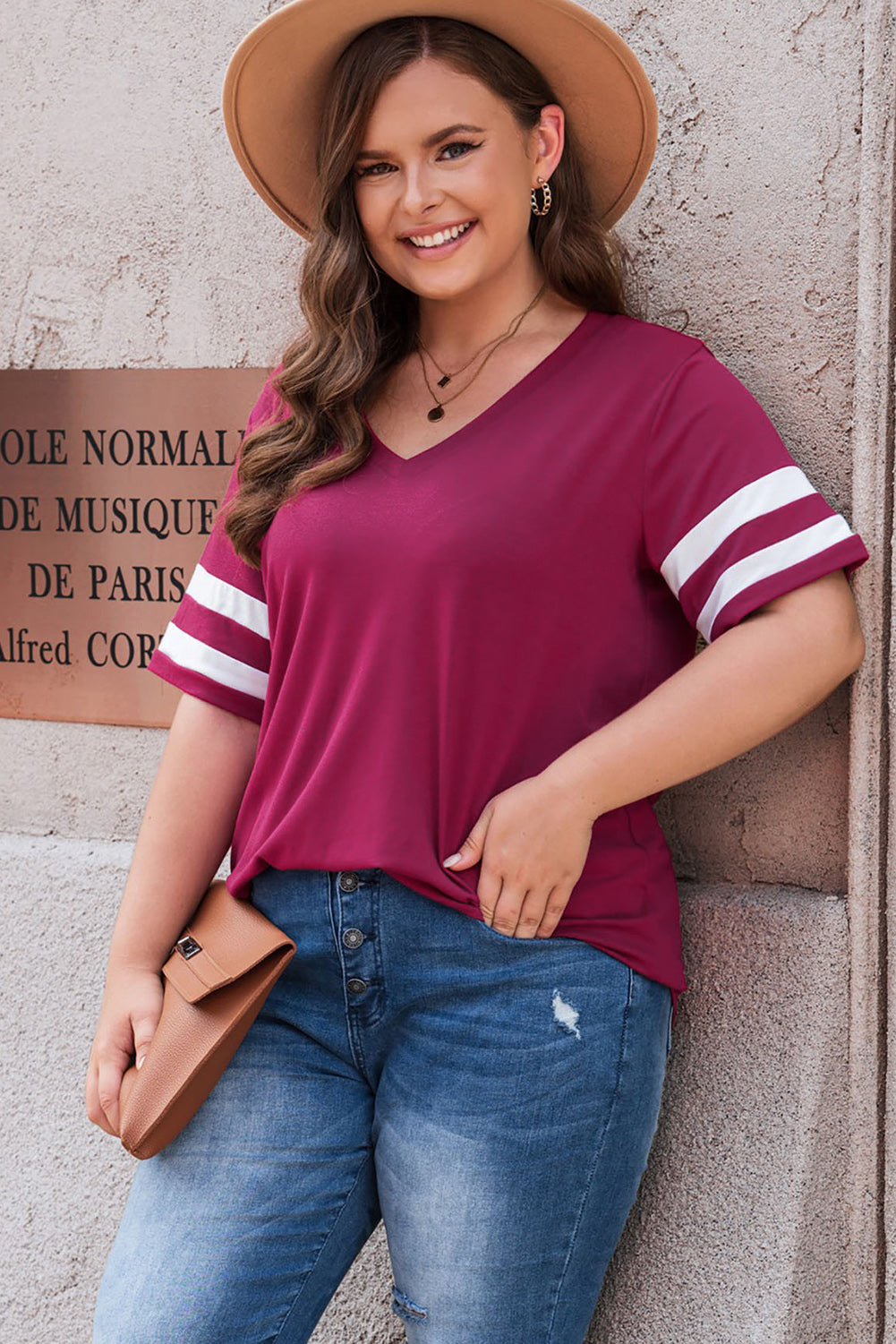 Plus Size Striped V-Neck Tee Shirt - Premium Plus Size Shirts from Trendsi - Just $26! Shop now at Handbags Specialist Headquarter