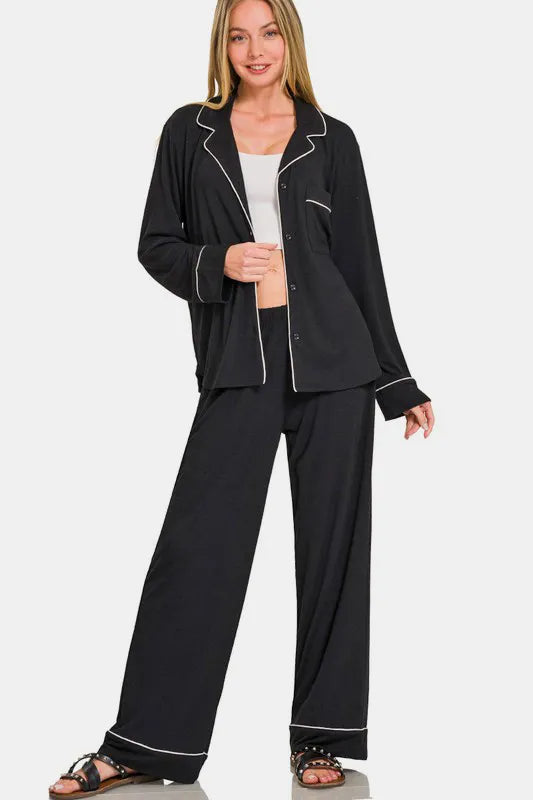 Zenana Button Down Long Sleeve Top and Pants Lounge Set - Premium Sleepwear from Trendsi - Just $46.99! Shop now at Handbags Specialist Headquarter