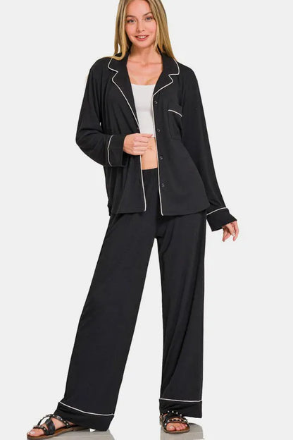Zenana Button Down Long Sleeve Top and Pants Lounge Set - Premium Sleepwear from Trendsi - Just $46.99! Shop now at Handbags Specialist Headquarter