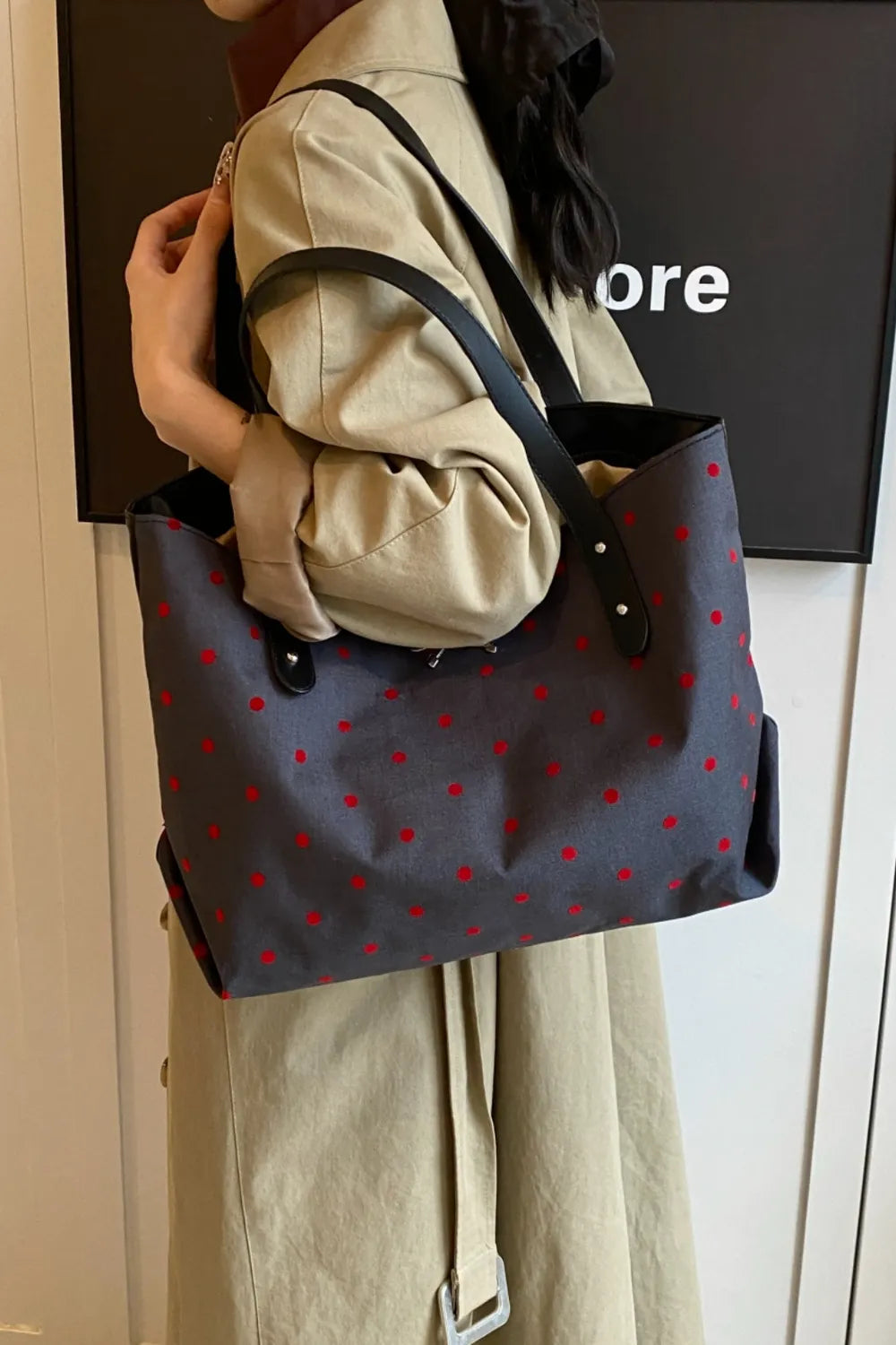 Polyester Bow Polka Dot Tote Bag - Premium Tote Bag from Trendsi - Just $39.99! Shop now at Handbags Specialist Headquarter