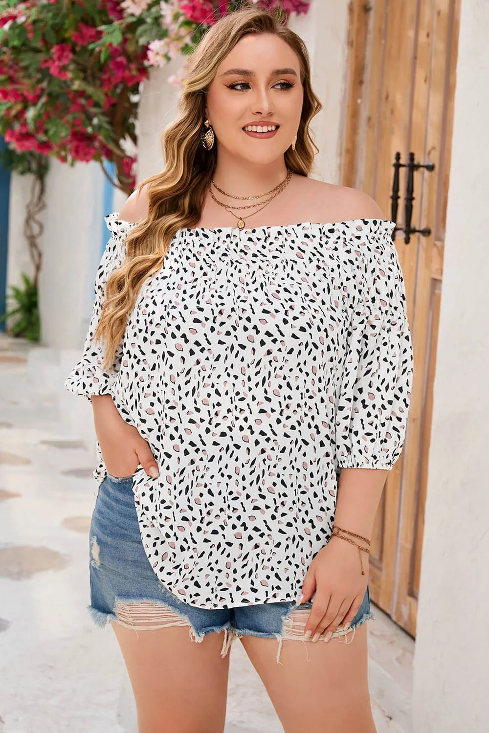 Plus Size Printed Off-Shoulder Half Sleeve Blouse - Premium Plus Size Shirts from Trendsi - Just $26.82! Shop now at Handbags Specialist Headquarter