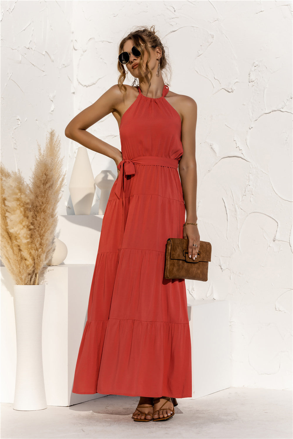 Halter Neck Tie Waist Tiered Maxi Dress - Premium Maxi Dress from Trendsi - Just $35.99! Shop now at Handbags Specialist Headquarter