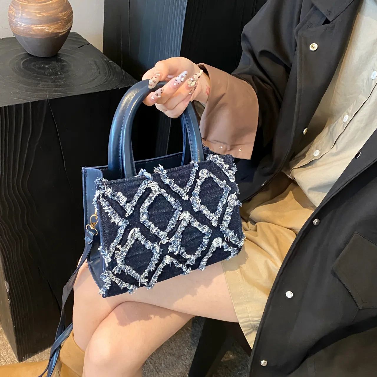 Diamond Pattern Fringe Edge Tote Bag - Premium Tote Bag from Trendsi - Just $39.99! Shop now at Handbags Specialist Headquarter