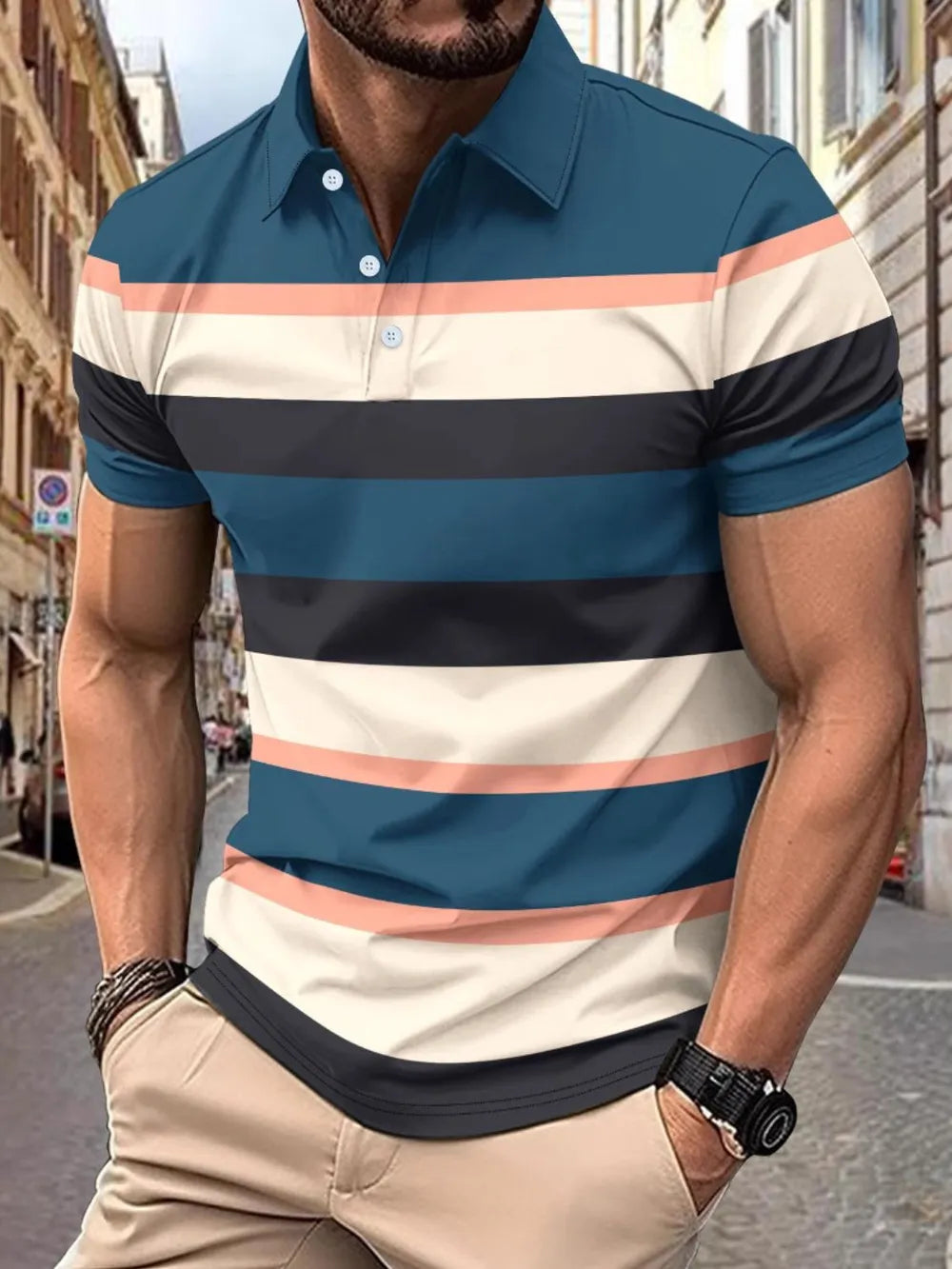 Men's Full Size Collared Short Sleeve Striped Polo Plus Size - Premium Men's Polo shirt from Trendsi - Just $30.99! Shop now at Handbags Specialist Headquarter