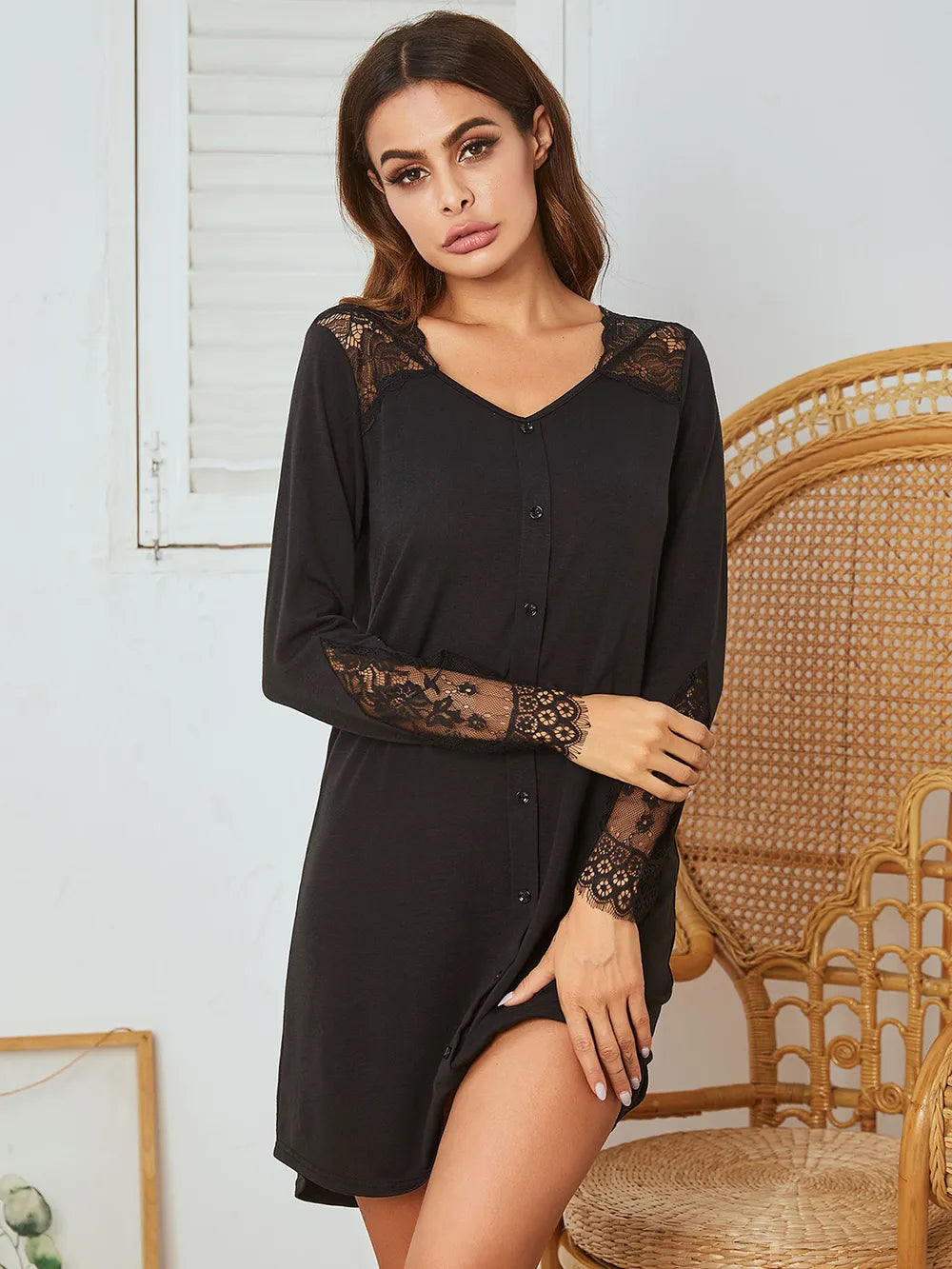 Lace Detail Long Sleeve Mini Lounge Dress - Premium Sleepwear from Trendsi - Just $28.72! Shop now at Handbags Specialist Headquarter
