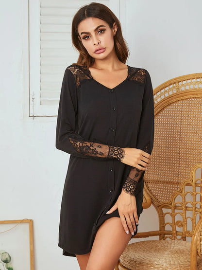 Lace Detail Long Sleeve Mini Lounge Dress - Premium Sleepwear from Trendsi - Just $28.72! Shop now at Handbags Specialist Headquarter