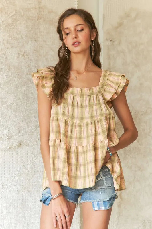 ADORA Ruffled Square Neck Cap Sleeve Babydoll Blouse - Premium Tops from Trendsi - Just $38.80! Shop now at Handbags Specialist Headquarter