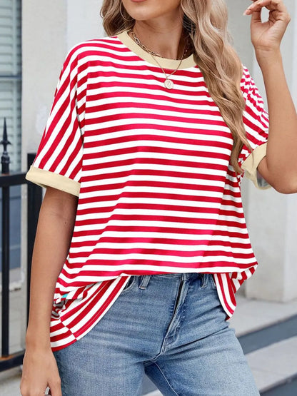 Striped Round Neck Half Sleeve T-Shirt - Premium Women / Tops from Trendsi - Just $19.34! Shop now at Handbags Specialist Headquarter