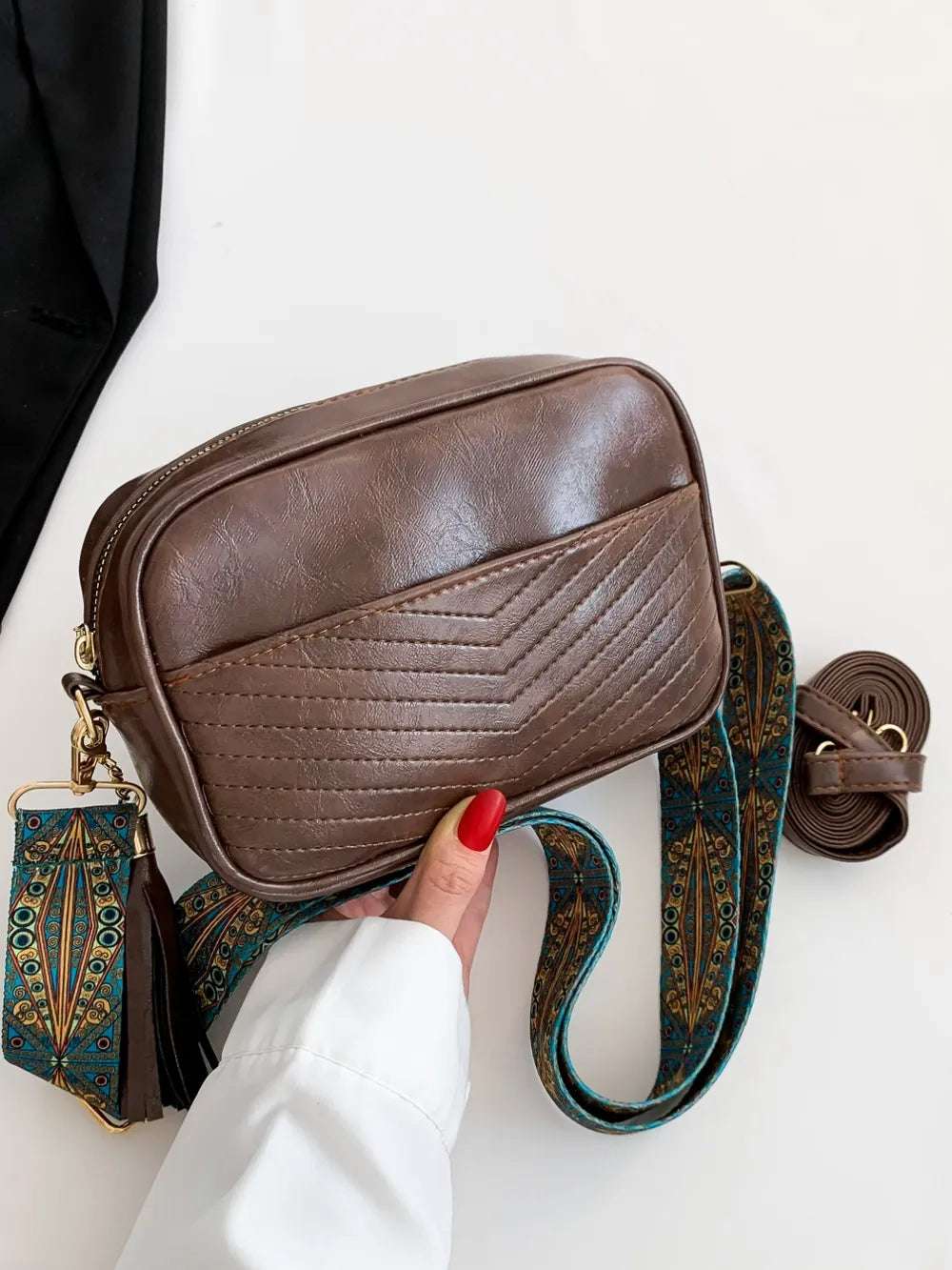 Tassel PU Leather Printed Strap Cassette Crossbody Bag - Premium Crossbody Bag from Trendsi - Just $22.99! Shop now at Handbags Specialist Headquarter