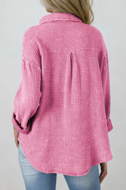 Button Down Collared Neck Long Sleeve Shirt - Premium Women's Down Shirt Tops from Trendsi - Just $52.98! Shop now at Handbags Specialist Headquarter