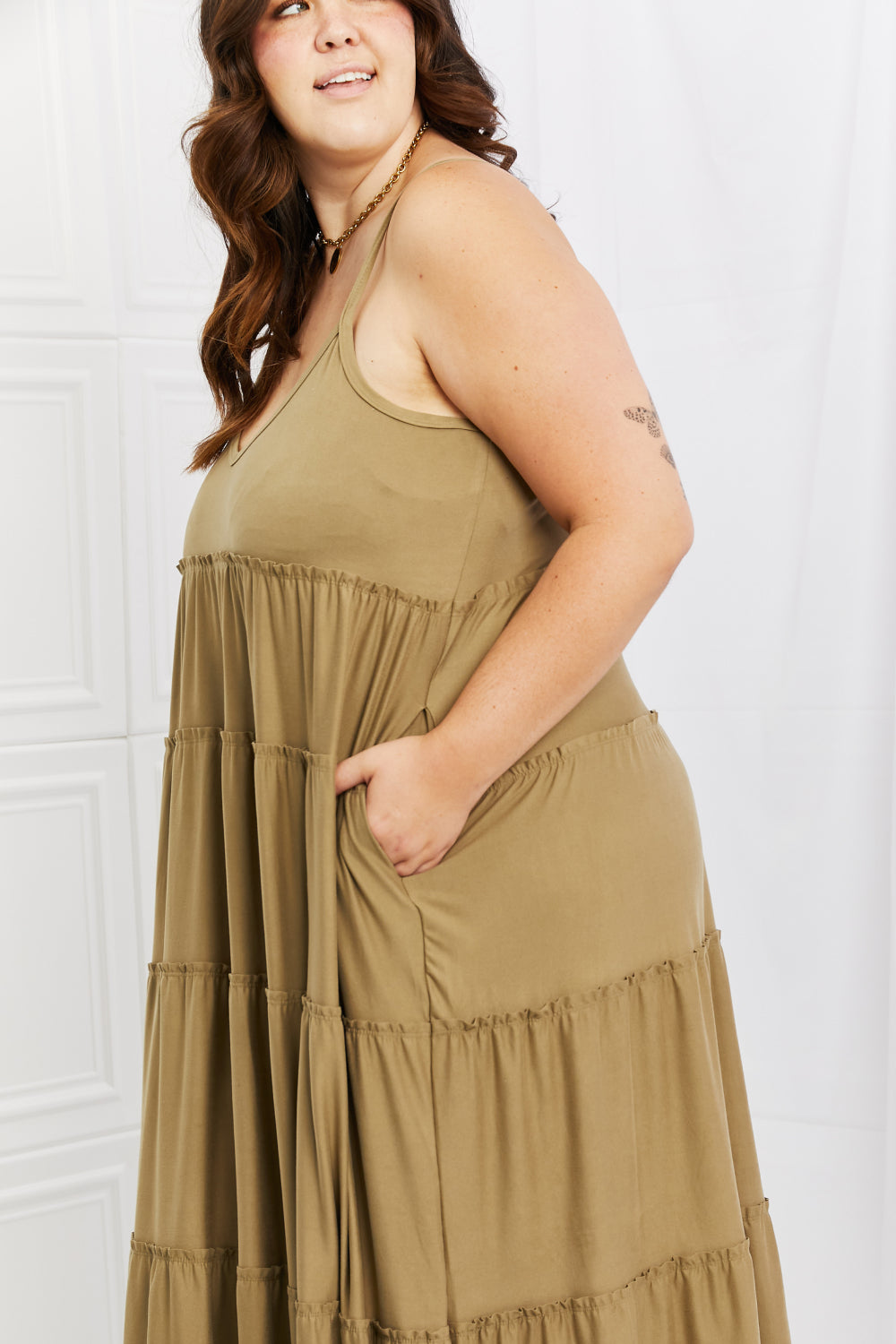 Zenana Full Size Spaghetti Strap Tiered Dress with Pockets in Khaki - Premium Dresses from Trendsi - Just $21.99! Shop now at Handbags Specialist Headquarter