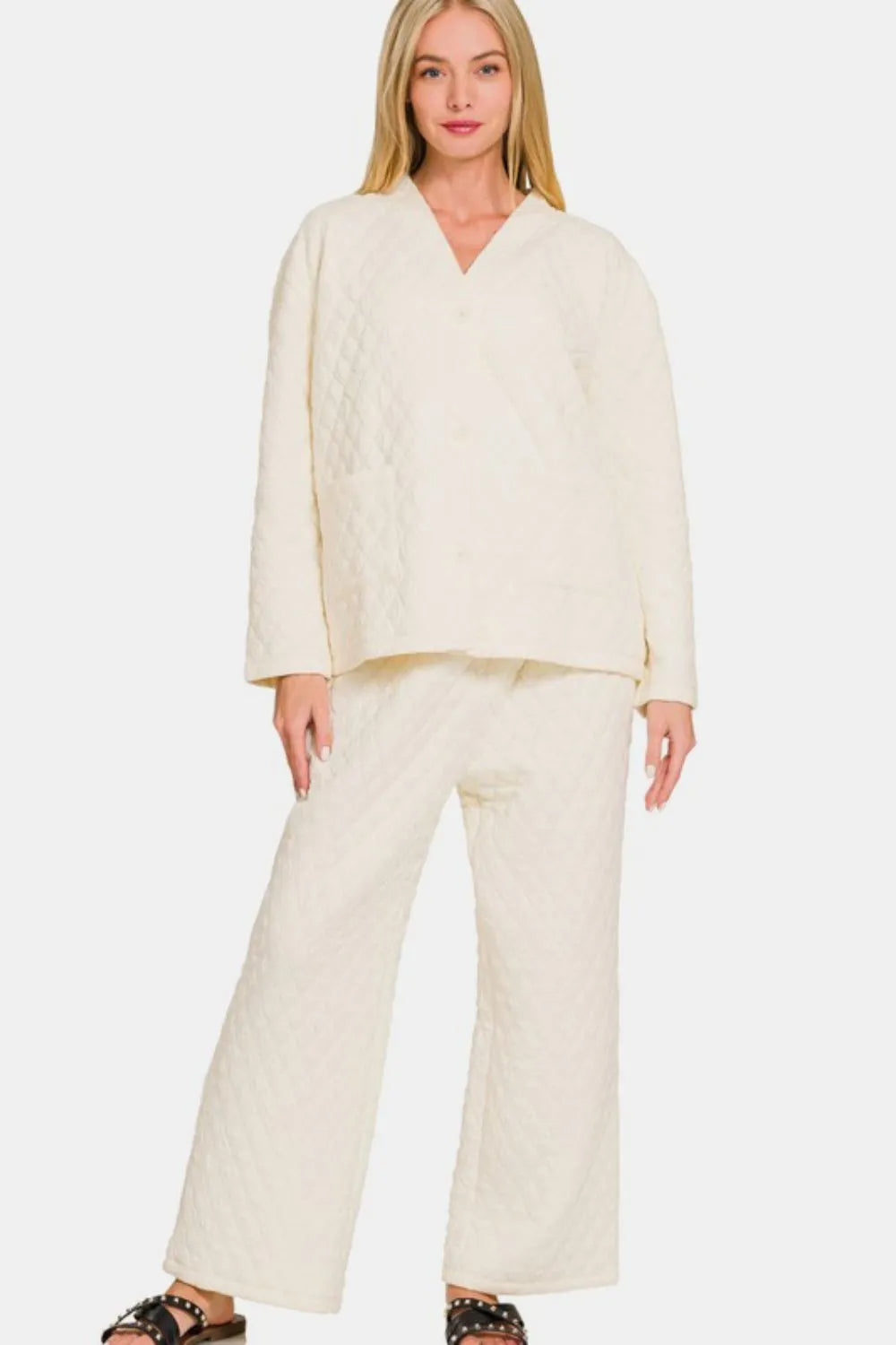 Zenana Quilted Button Up Long Sleeve Top and Pants Lounge Set - Premium Sleepwear from Trendsi - Just $46.99! Shop now at Handbags Specialist Headquarter
