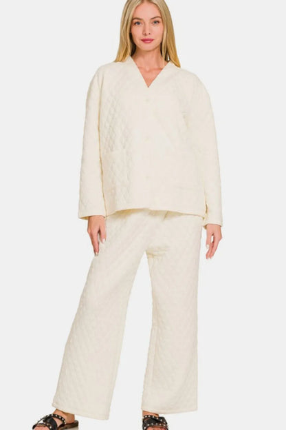 Zenana Quilted Button Up Long Sleeve Top and Pants Lounge Set - Premium Sleepwear from Trendsi - Just $46.99! Shop now at Handbags Specialist Headquarter