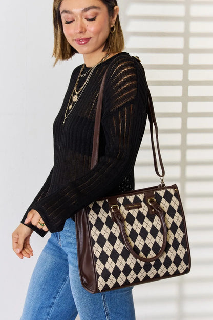 David Jones Argyle Pattern PU Leather Handbag - Premium Handbags from Trendsi - Just $51.99! Shop now at Handbags Specialist Headquarter