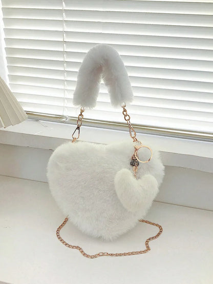 Heart Shape Faux Fur Handbag - Premium handbags from Trendsi - Just $19.99! Shop now at Handbags Specialist Headquarter