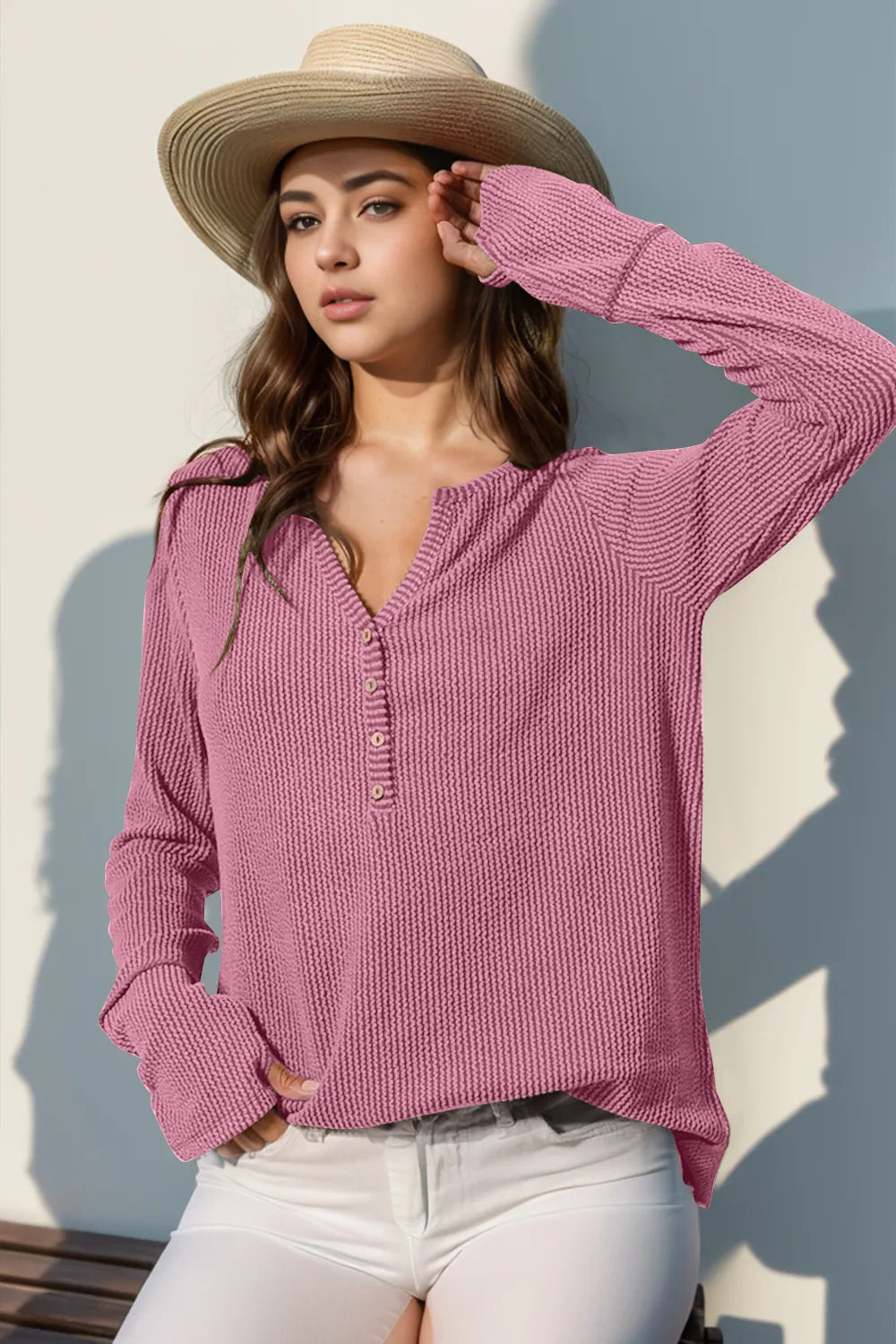 Double Take Full Size Notched Thumbhole Long Sleeve T-Shirt - Premium Tops from Trendsi - Just $25.88! Shop now at Handbags Specialist Headquarter