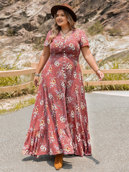 Plus Size Floral Slit Ruffle Hem Dress - Premium Dresses from Trendsi - Just $60.99! Shop now at Handbags Specialist Headquarter