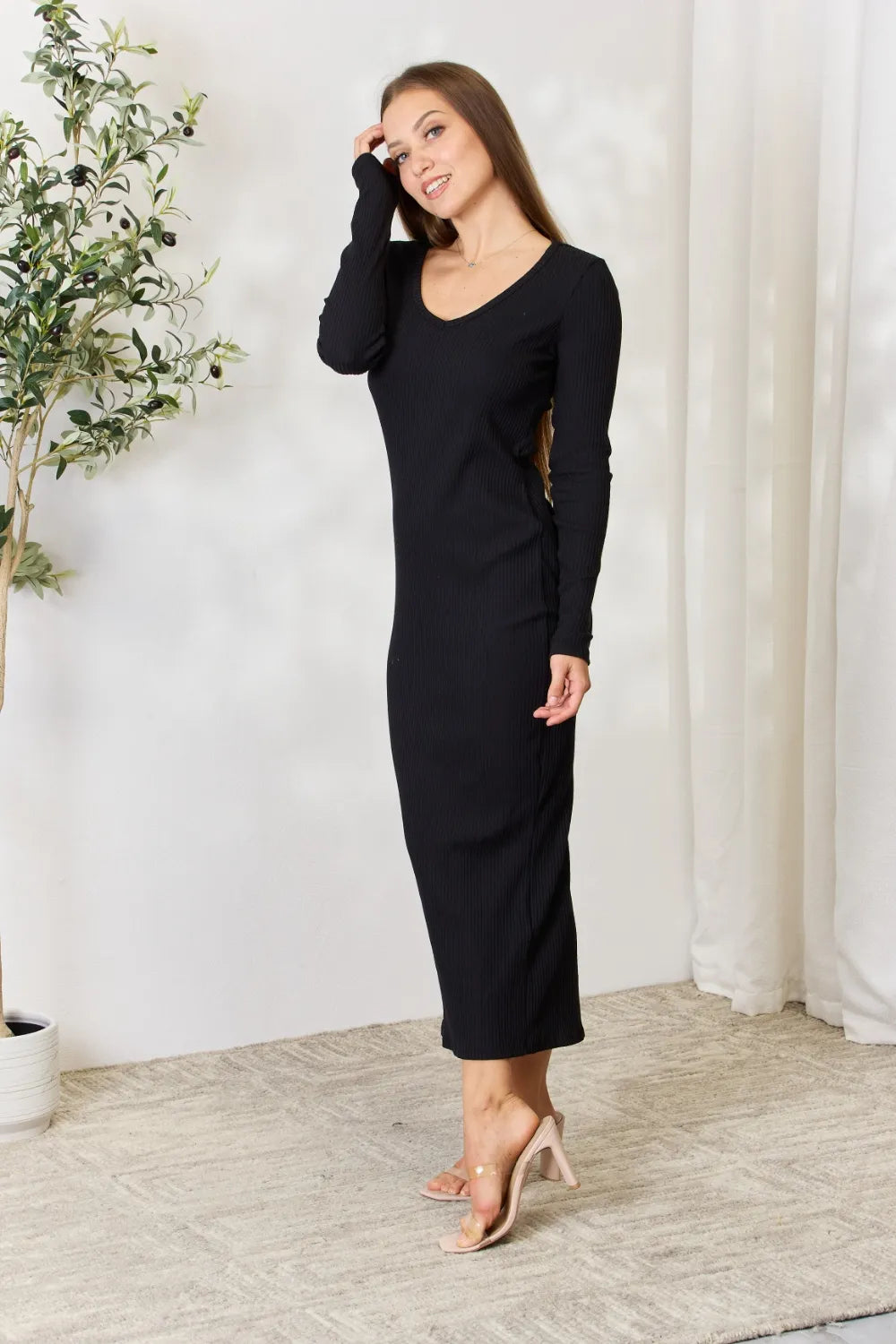 Culture Code Full Size Ribbed Long Sleeve Midi Slit Dress - Premium Dresses from Trendsi - Just $24.99! Shop now at Handbags Specialist Headquarter