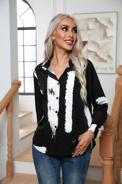 Button Down Printed Long Sleeve Shirt - Premium Women's Down Shirt Tops from Trendsi - Just $20.78! Shop now at Handbags Specialist Headquarter