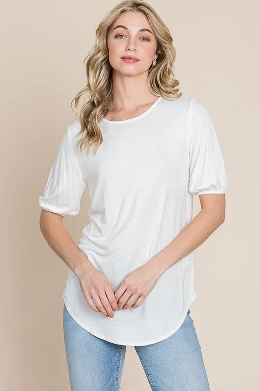 BOMBOM Round Neck Puff Sleeve T-Shirt - Premium Tops from Trendsi - Just $15.62! Shop now at Handbags Specialist Headquarter