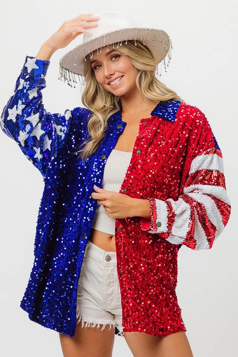 BiBi American Flag Sequin Snap Down Shirt - Premium Women / Jeans & Denim from Trendsi - Just $64.30! Shop now at Handbags Specialist Headquarter