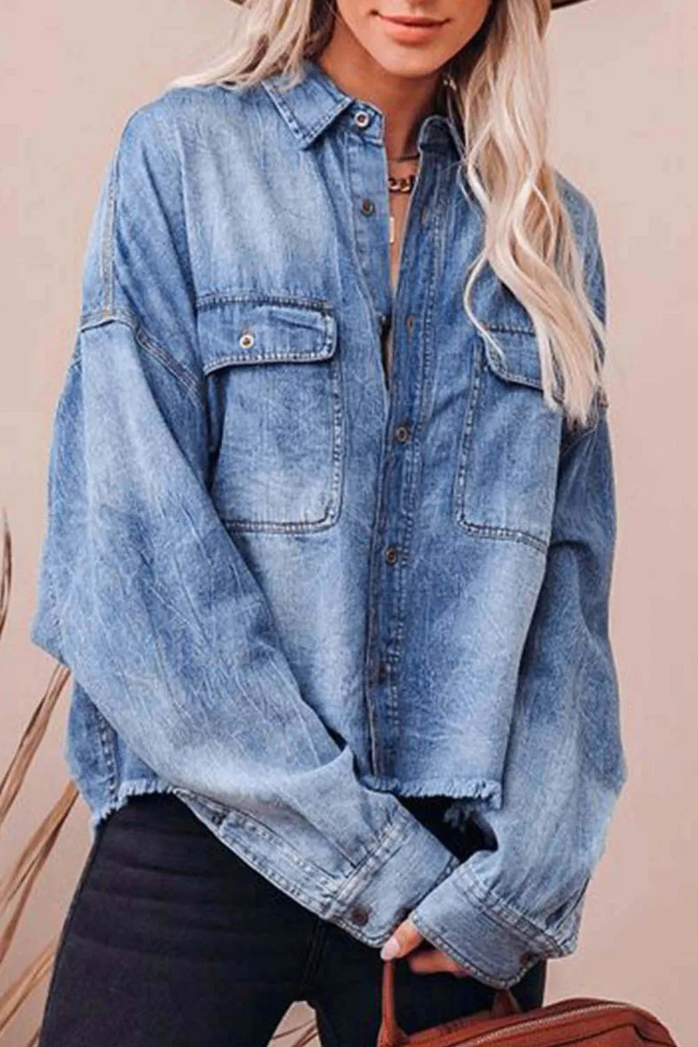 Collared Neck Raw Hem Long Sleeve Denim Shirt - Premium Women / Jeans & Denim from Trendsi - Just $38.26! Shop now at Handbags Specialist Headquarter