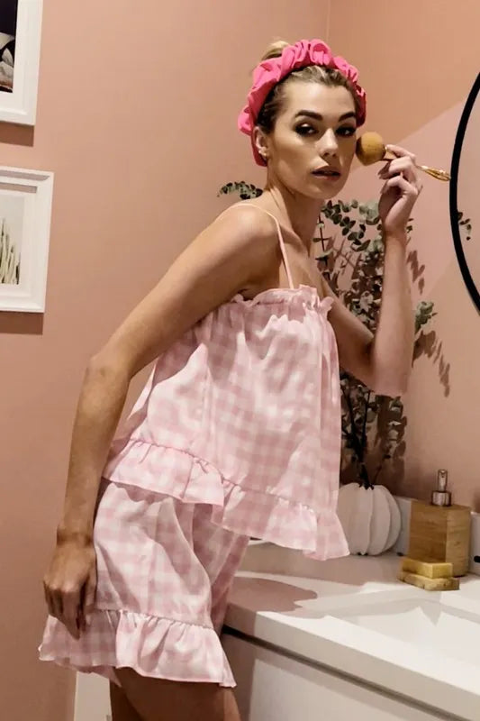 Lime 'N' Chili Gingham Ruffle Trim Cami and Shorts Pajama Set - Premium Sleepwear from Trendsi - Just $45.99! Shop now at Handbags Specialist Headquarter