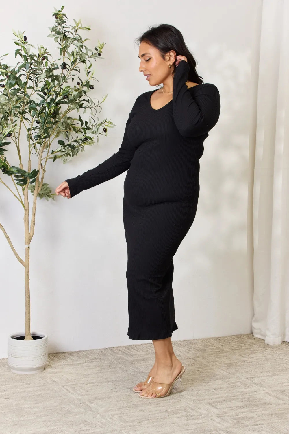 Culture Code Full Size Ribbed Long Sleeve Midi Slit Dress - Premium Dresses from Trendsi - Just $24.99! Shop now at Handbags Specialist Headquarter