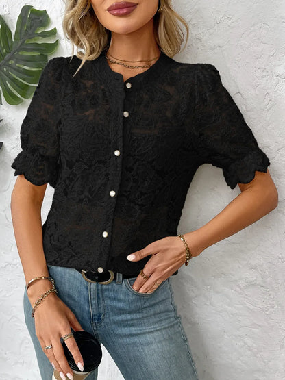 Button Down Half Sleeve Lace Shirt - Premium Women's Down Shirt Tops from Trendsi - Just $27.74! Shop now at Handbags Specialist Headquarter