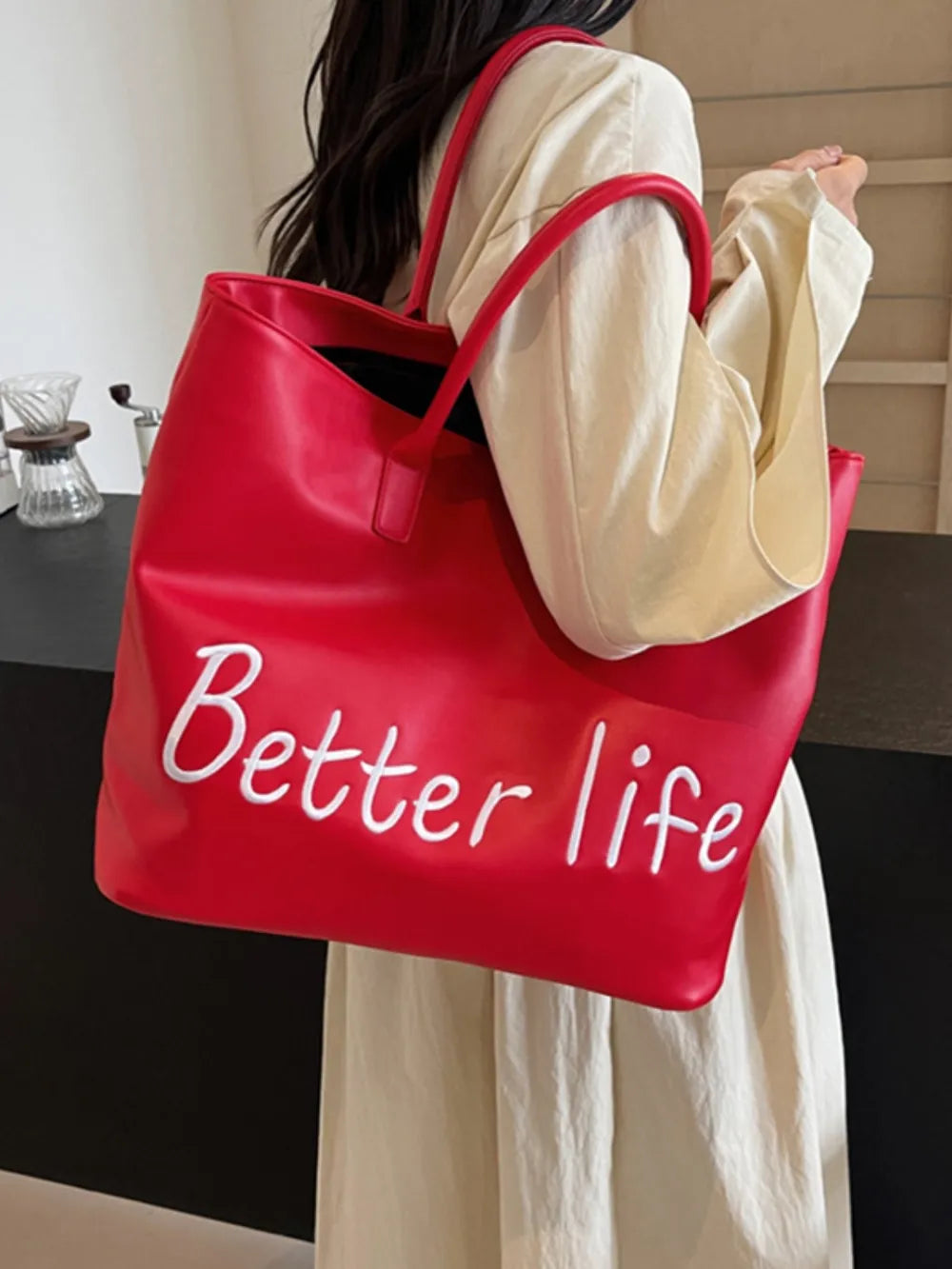 BETTER LIFE PU Leather Tote Bag - Premium Tote Bag from Trendsi - Just $38.99! Shop now at Handbags Specialist Headquarter