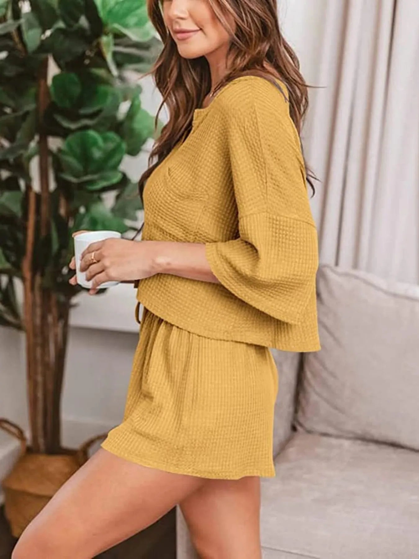 Waffle Knit Top and Shorts Lounge Set - Premium Sleepwear from Trendsi - Just $29.99! Shop now at Handbags Specialist Headquarter