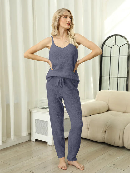 Fuzzy V-Neck Cami and Pants Lounge Set - Premium Sleepwear from Trendsi - Just $52.99! Shop now at Handbags Specialist Headquarter