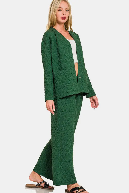 Zenana Quilted Button Up Long Sleeve Top and Pants Lounge Set - Premium Sleepwear from Trendsi - Just $46.99! Shop now at Handbags Specialist Headquarter