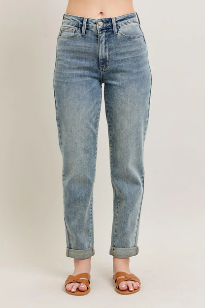 Judy Blue Full Size Hw Vintage Wash Double Roll Cuff Bf Jeans Plus Size - Premium Women / Jeans & Denim from Trendsi - Just $65.99! Shop now at Handbags Specialist Headquarter