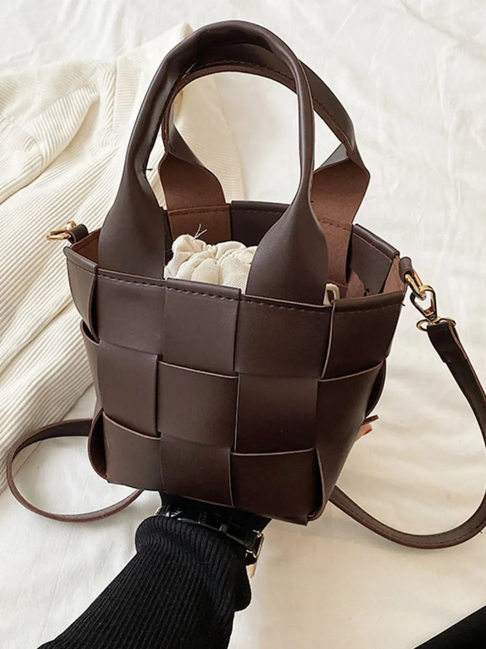 PU Leather Braided Bucket Bag - Premium Tote Bag from Trendsi - Just $33.99! Shop now at Handbags Specialist Headquarter