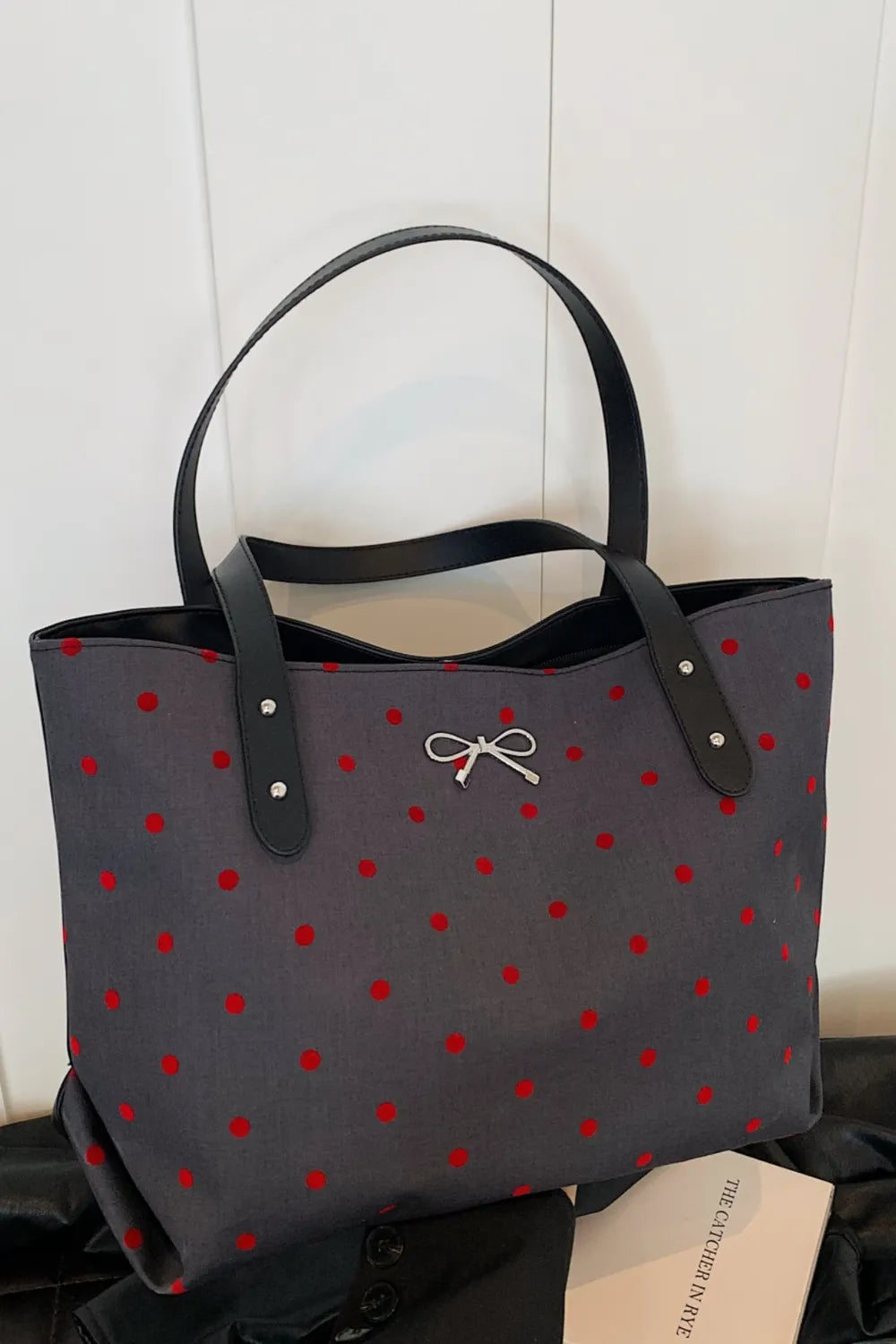 Polyester Bow Polka Dot Tote Bag - Premium Tote Bag from Trendsi - Just $39.99! Shop now at Handbags Specialist Headquarter