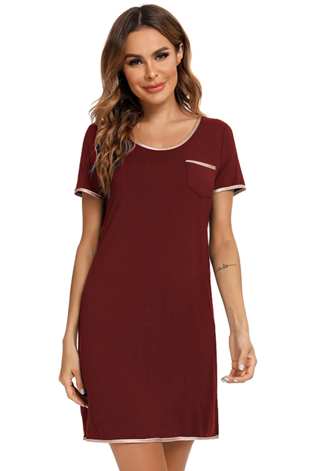 Contrast Trim Pocketed Round Neck Lounge Dress - Premium Sleepwear from Trendsi - Just $27.99! Shop now at Handbags Specialist Headquarter