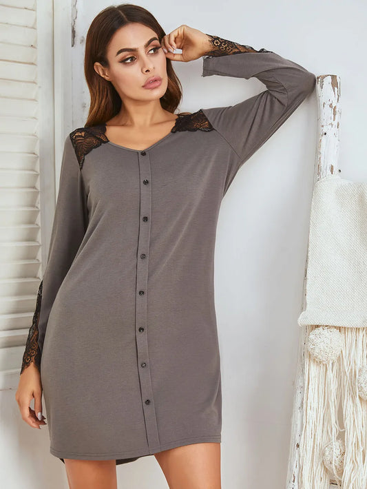 Lace Detail Long Sleeve Mini Lounge Dress - Premium Sleepwear from Trendsi - Just $28.72! Shop now at Handbags Specialist Headquarter