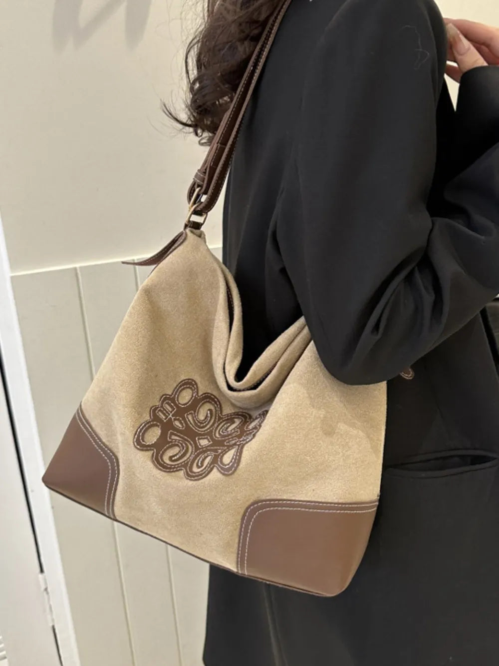 Suede Patch Adjustable Strap Tote Bag - Premium Tote Bag from Trendsi - Just $39.99! Shop now at Handbags Specialist Headquarter