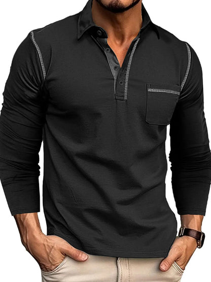 Men's Long Sleeve Polo Shirt with Contrast Stitching - Premium Men's Polo shirt from Trendsi - Just $39.99! Shop now at Handbags Specialist Headquarter