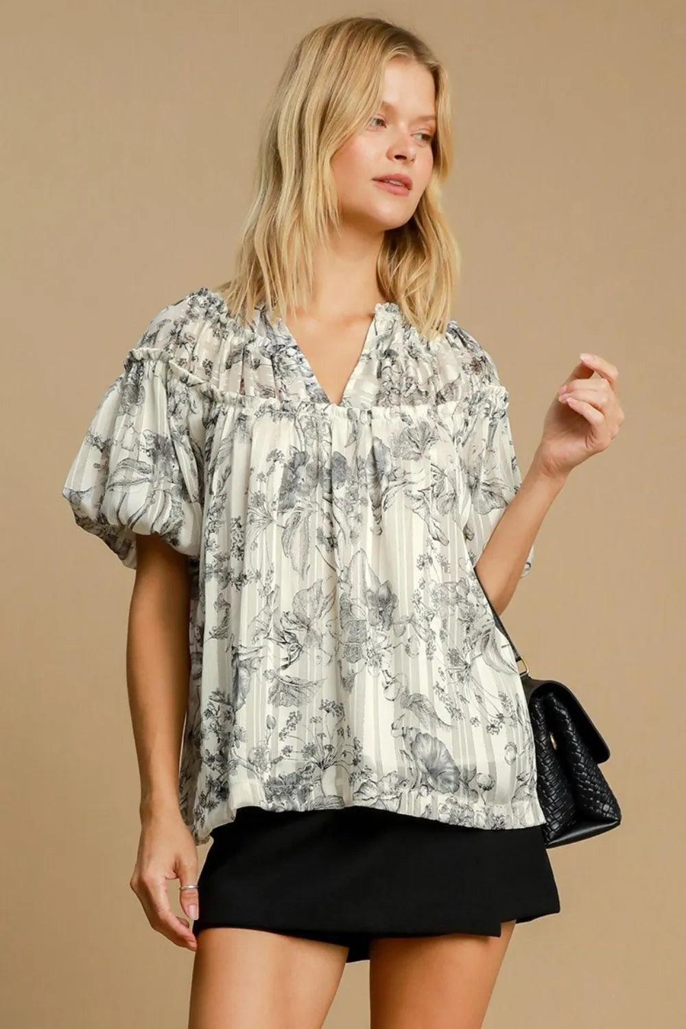 Umgee Full Size Floral Print Metallic Ruffle Blouse Plus Size - Premium Dresses from Trendsi - Just $48.99! Shop now at Handbags Specialist Headquarter