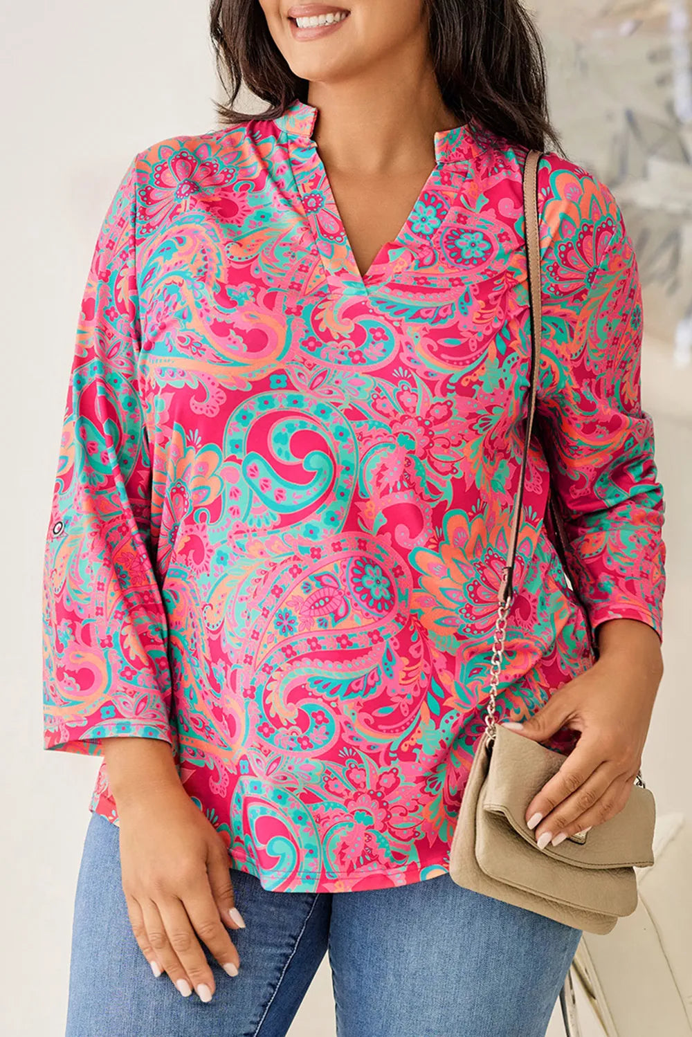 Plus Size Printed Notched Long Sleeve Blouse - Premium Plus Size Shirts from Trendsi - Just $24! Shop now at Handbags Specialist Headquarter