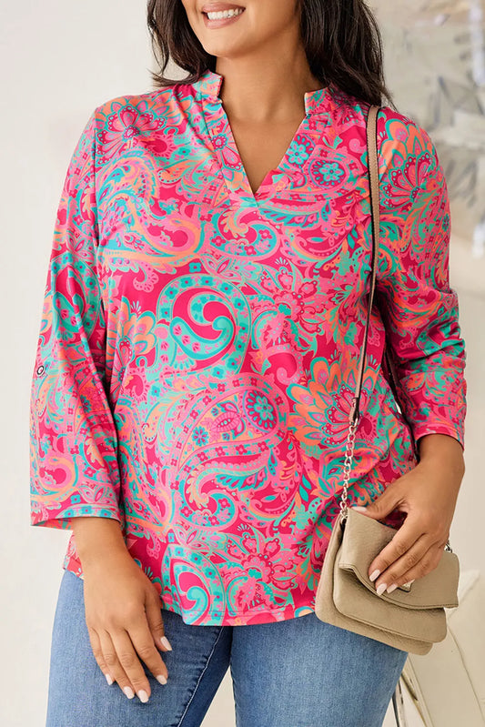 Plus Size Printed Notched Long Sleeve Blouse - Premium Plus Size Shirts from Trendsi - Just $24! Shop now at Handbags Specialist Headquarter