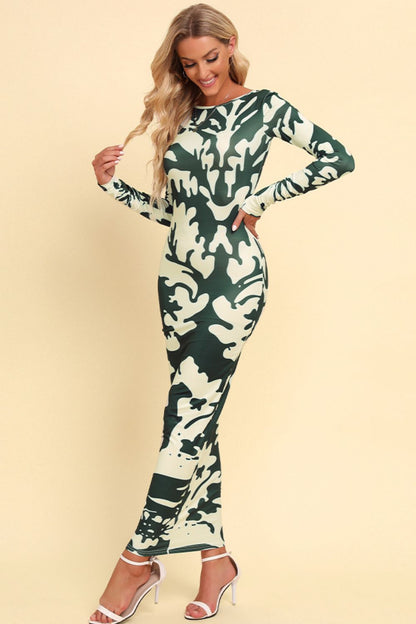 Printed Backless Long Sleeve Maxi Dress - Premium Maxi Dress from Trendsi - Just $32.99! Shop now at Handbags Specialist Headquarter