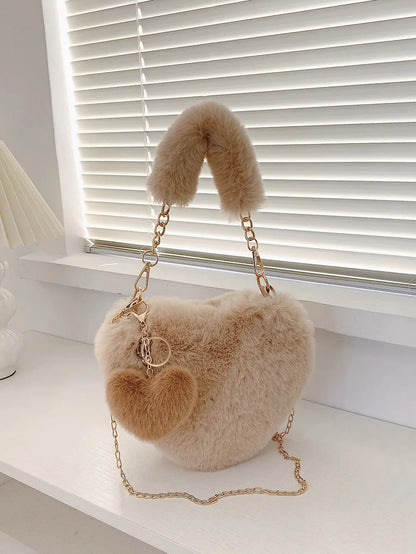 Heart Shape Faux Fur Handbag - Premium handbags from Trendsi - Just $19.99! Shop now at Handbags Specialist Headquarter
